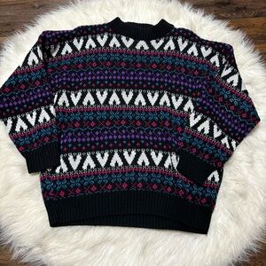 Vintage Retro Cable Knit Sweater Neon on Black size Medium Y2K